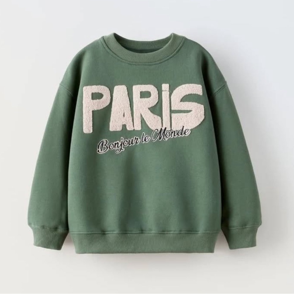 Zara Paris Girls Olive Green Sweatshirt Boxy 9-10